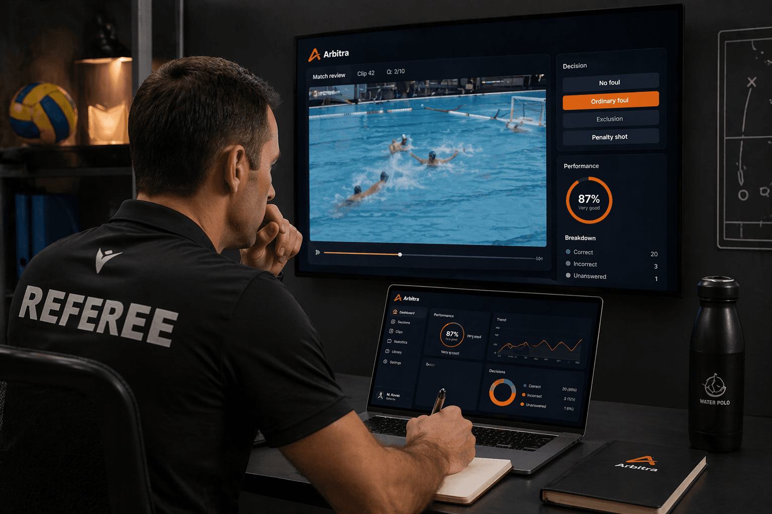Referee analysing a real training clip